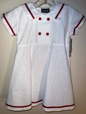 French Coccoli White Vintage Dress with Red Trim Sailor Collar and Bow Back 24M